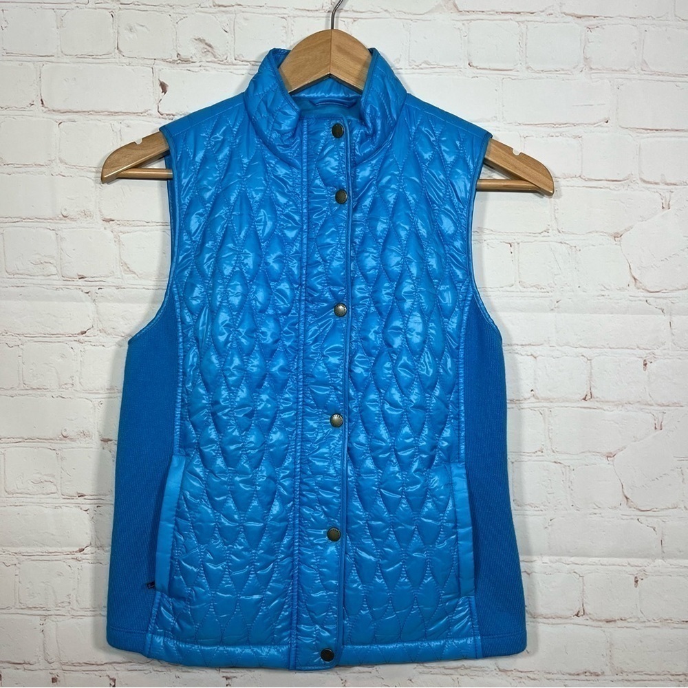 Talbots Quilted Puffer Vest Womens Petite Petite Blue Full Zip Snap Buttons
